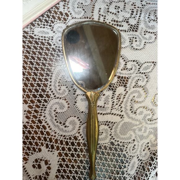 VTG 50’s Vanity Mirror Hand Mirror Gold Tone Handles Gold Floral Design Roses - Picture 4 of 6